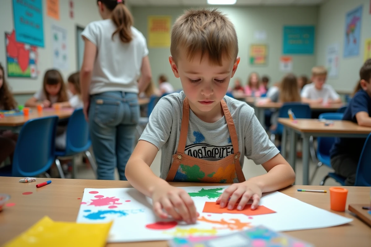 Adolescent en classe réalisant un collage avec du carton coloré