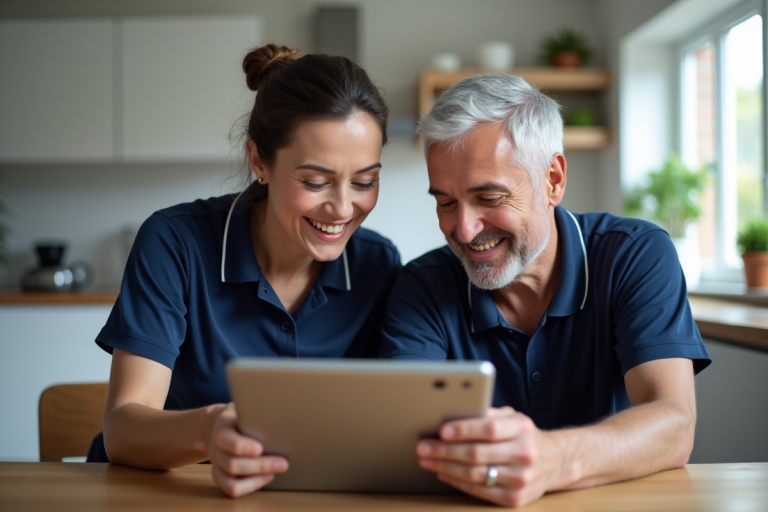 Aide-soignante aidant un senior avec une tablette à la maison