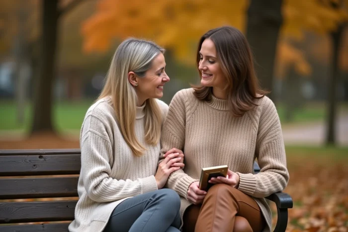 Deux amies assises sur un banc en automne, l'une réconfortant l'autre lors de l'anniversaire d'un deuil