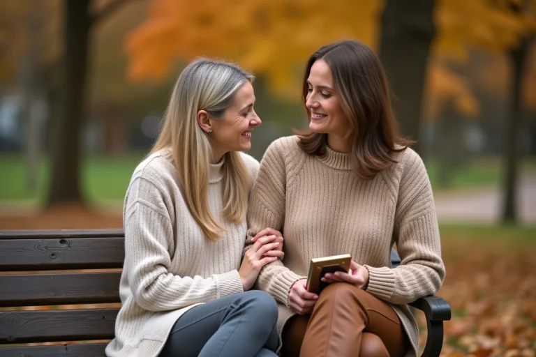 Deux amies assises sur un banc en automne, l'une réconfortant l'autre lors de l'anniversaire d'un deuil