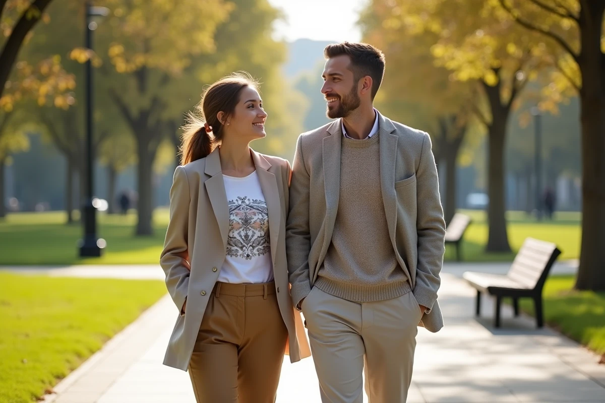 Homme et femme en balade dans un parc urbain ensoleille