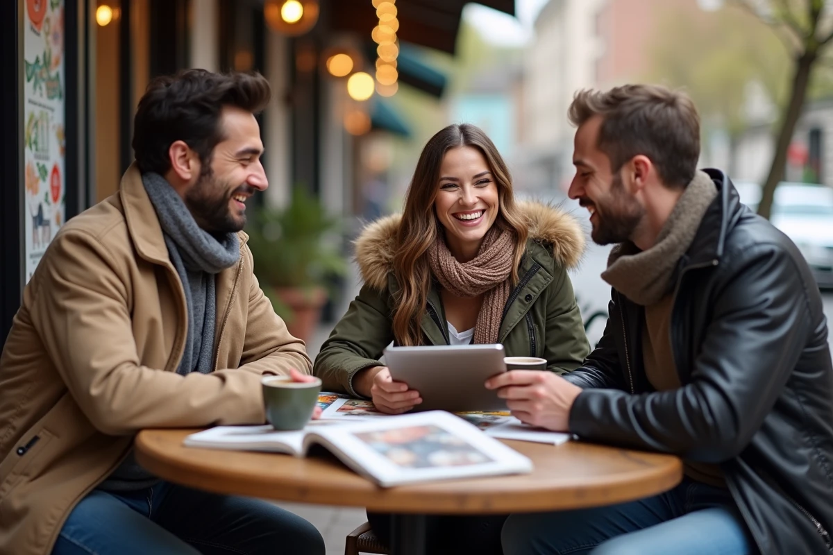 Trois amis discutant autour de livres en terrasse de café