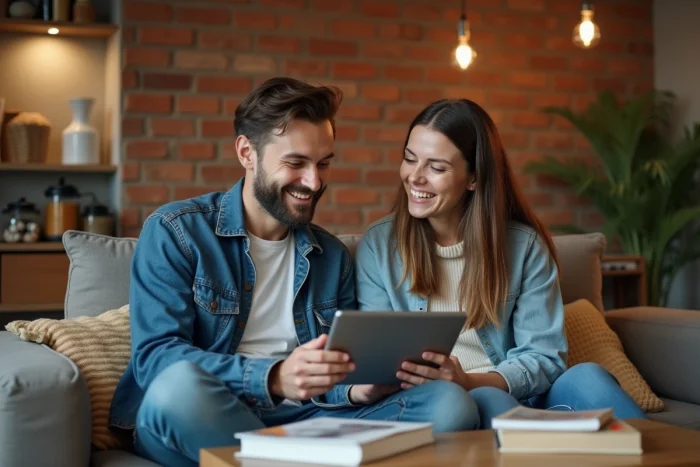 Deux amis regardant ensemble une série en streaming sur une tablette dans un appartement studio chaleureux et urbain