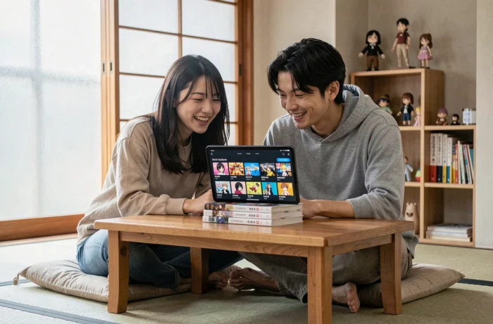 Deux amis regardant un anime en français sur une tablette dans un appartement de style japonais