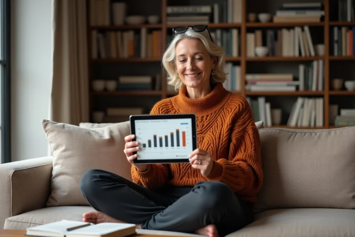 Femme analyste de blog consultant les statistiques de son site sur une tablette depuis son salon, ambiance professionnelle décontractée