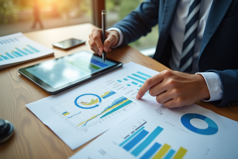 Analyste financier examinant des graphiques colorés sur un bureau lumineux