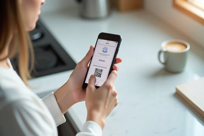 Mains tenant un smartphone affichant l'interface de demande de retour Zalando avec un QR code et les étapes du processus