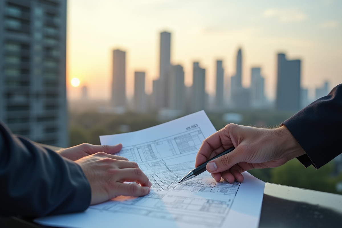 Architectes examinant des plans sur un toit avec vue sur la ville
