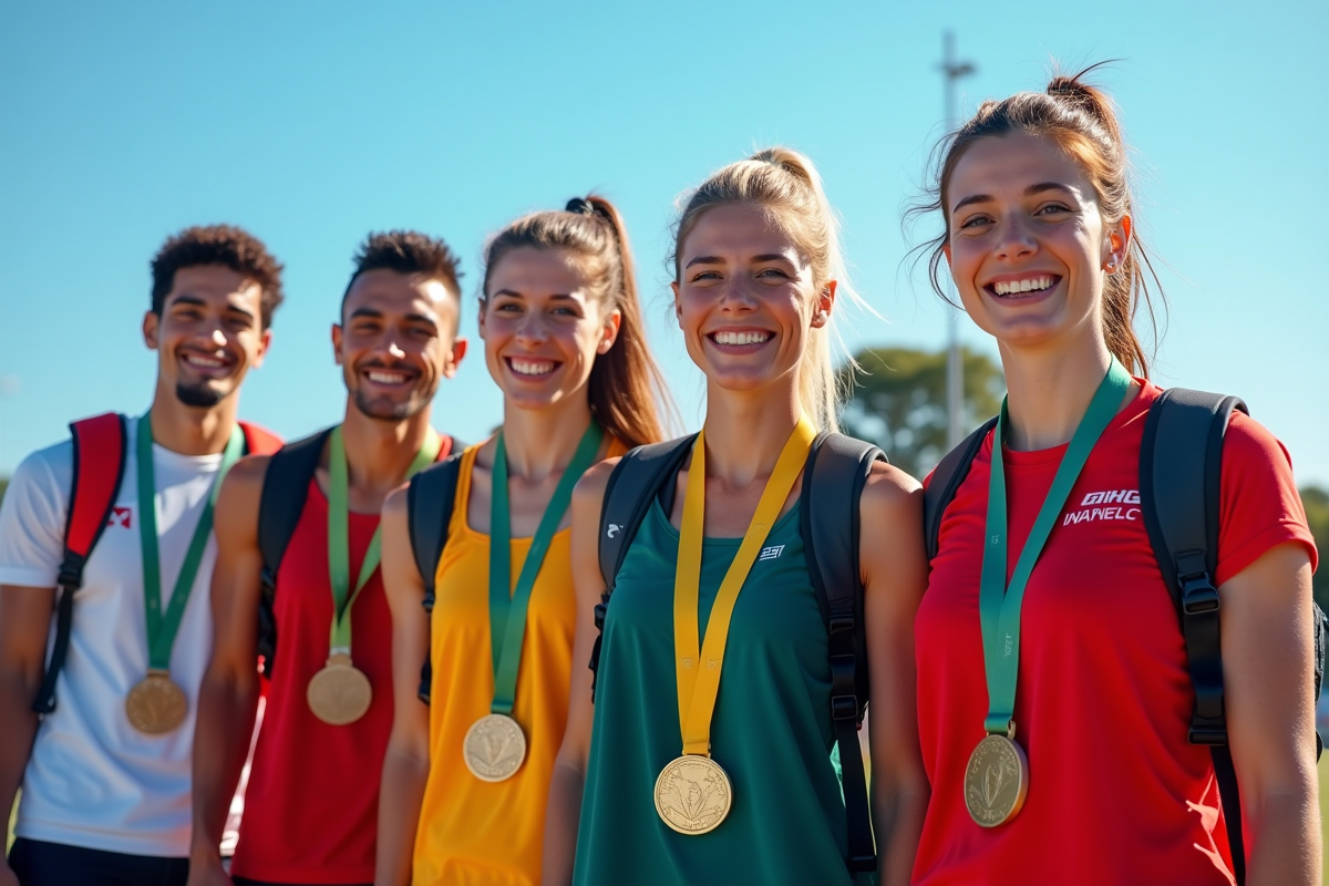 Athletes souriants avec médailles après leur compétition en plein air