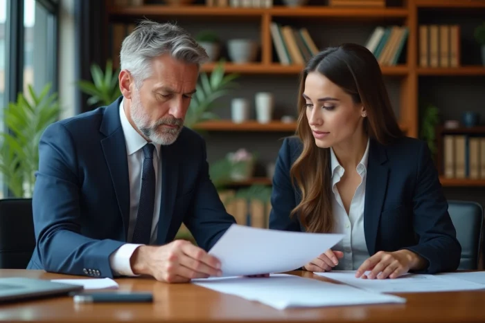 Avocat en costume bleu avec entrepreneure dans un bureau moderne