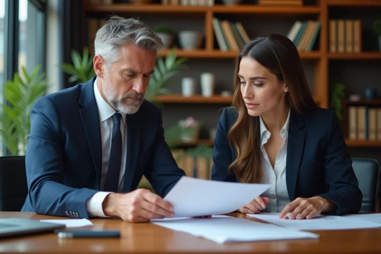 Avocat en costume bleu avec entrepreneure dans un bureau moderne