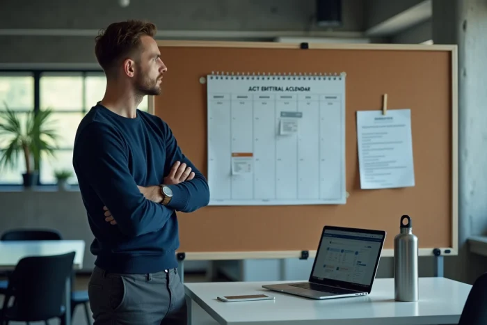 Blogueur masculin planifiant sa stratégie de contenu sur un tableau de bord WordPress dans un espace de coworking moderne