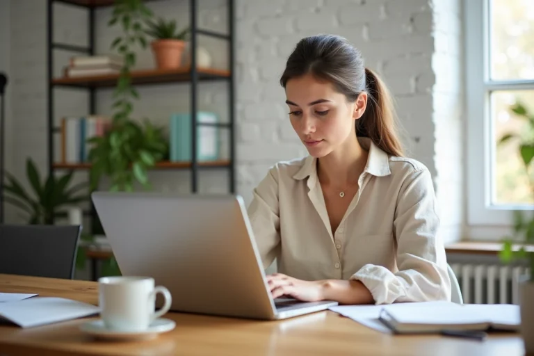 Femme blogueure professionnelle écrivant du contenu sur un ordinateur portable dans un bureau à domicile moderne et organisé