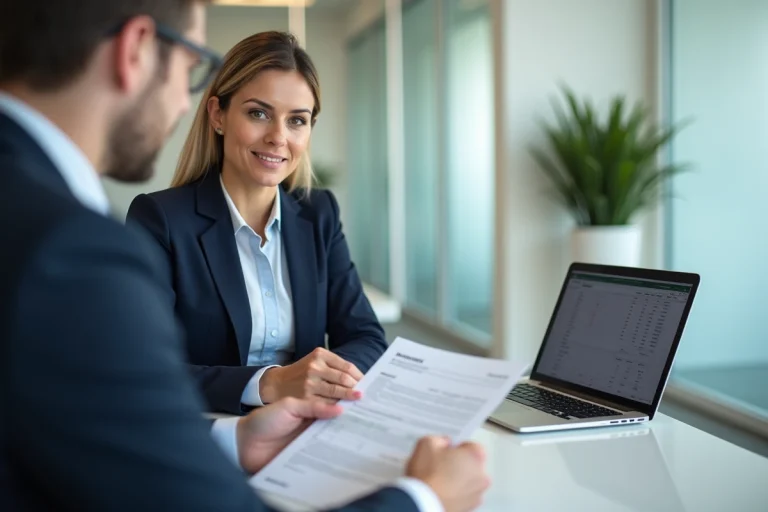 Conseillère bancaire et cliente examinent des documents de prêt immobilier avec calcul différentiel dans une agence moderne