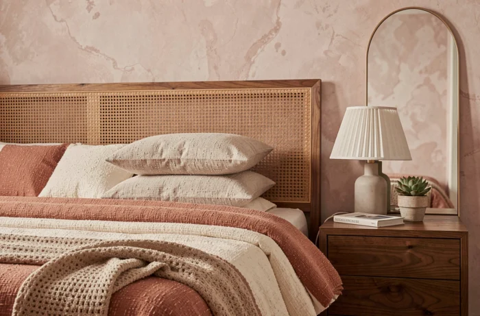 Chambre tendance avec tête de lit en rotin, literie bouclette terracotta et décoration artisanale