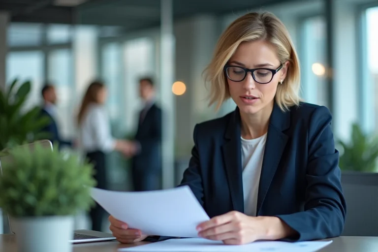 Femme professionnelle consultant des documents administratifs liés au changement de nom d'une entreprise dans un bureau moderne