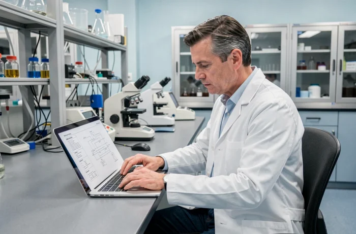 Chercheur en blouse blanche analysant des schémas techniques dans un laboratoire de R&D professionnel
