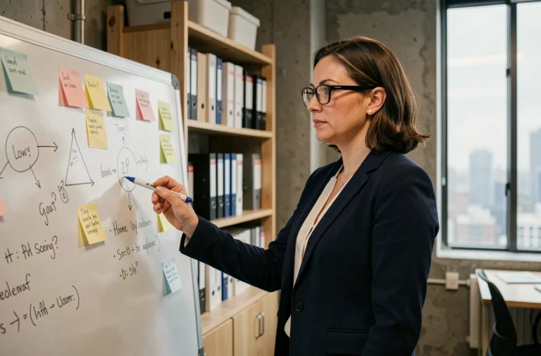 Chercheuse en blazer marine devant un tableau blanc avec des diagrammes et des post-its dans un bureau de R&D moderne