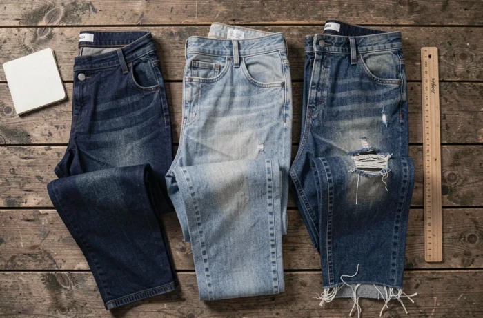 Comparaison de trois jeans à différents stades d'usure posés à plat sur une table en bois pour illustrer quand remplacer son jean