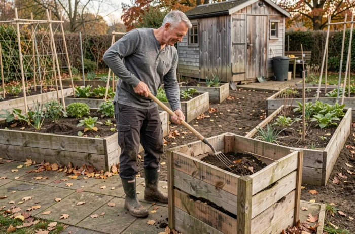 Homme retournant le compost dans un potager en automne avec une fourche de jardin