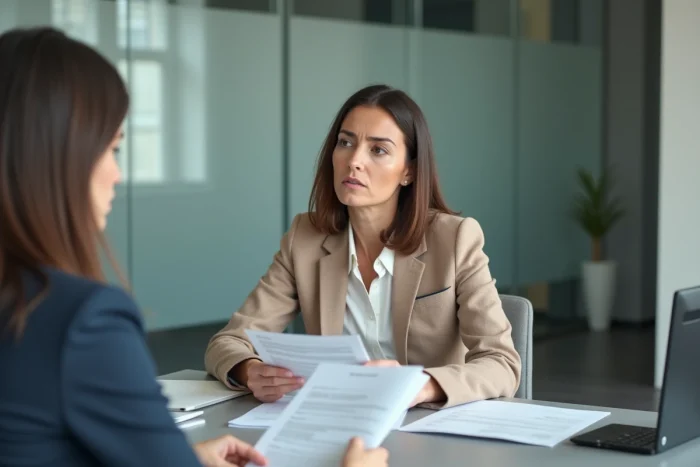 Femme en réunion avec un conseiller bancaire LCL pour discuter des risques de non-remboursement d'un crédit Flex