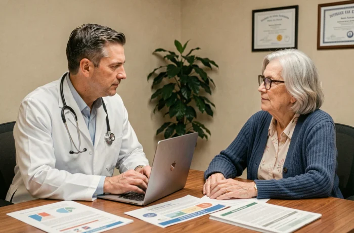 Médecin expliquant une convention médicale à une patiente senior lors d'une consultation