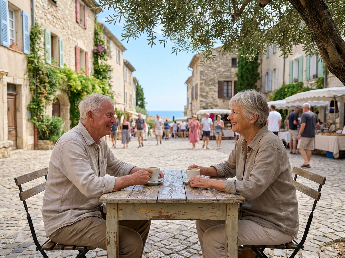Couple âgé dans un café provençal en plein air