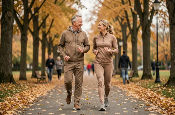 Couple actif marchant dans un parc en automne, activité physique et santé au quotidien pour les adultes