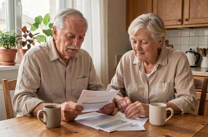 Couple de seniors consultant des documents de convention médicale à domicile