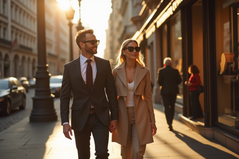 Couple élégant marchant dans la ville ensoleillée