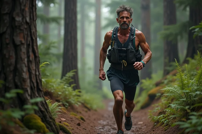 Coureur d'ultra trail masculin traversant une forêt de montagne brumeuse au lever du soleil, équipé d'un gilet d'hydratation et de chaussures trail usées