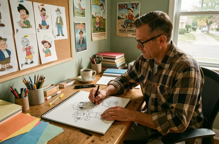 Homme dessinant des personnages de dessins animés commençant par P dans un bureau créatif avec références épinglées au mur