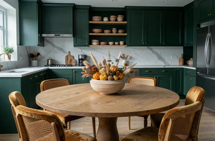 Cuisine et salle à manger tendance avec table en chêne, chaises velours ocre et mobilier vert forêt