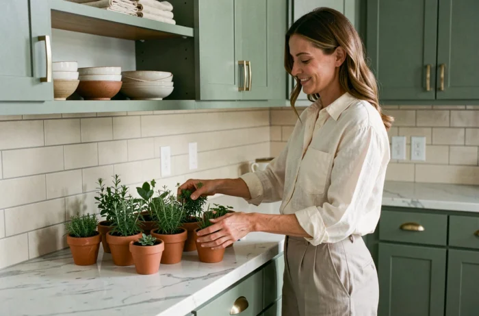 Femme arrangeant des pots en terracotta avec des herbes fraîches sur un plan de travail en marbre dans une cuisine rénovée avec des armoires vert sauge et des poignées en laiton brossé