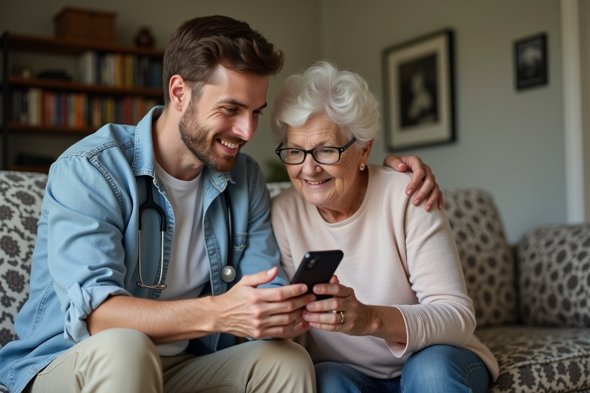 Jeune aidant montrant une application santé à une senior