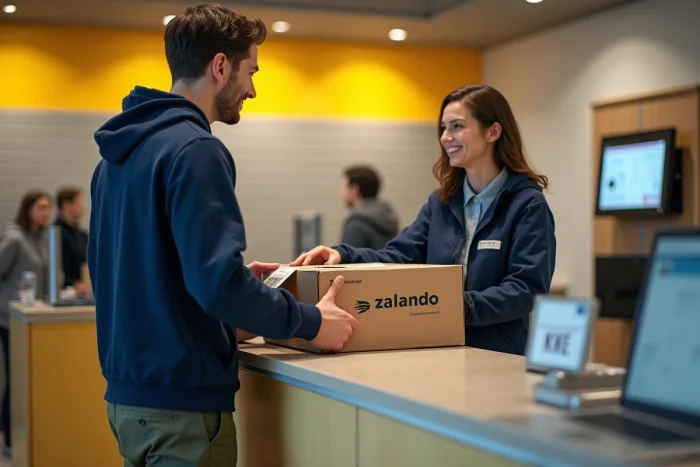 Homme déposant un colis Zalando scellé au comptoir d'un bureau de poste lors d'un retour de commande en ligne