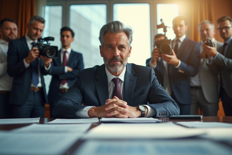Directeur financier confiant dans un bureau élégant avec journalistes