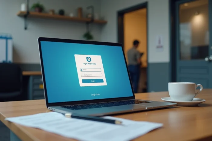 Écran de connexion à l'espace affilié Securitest sur un ordinateur portable posé sur un bureau de back-office d'un centre de contrôle technique