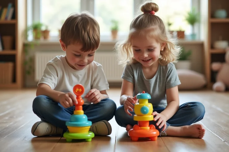 Deux enfants jouant avec des jouets colorés dans un salon lumineux