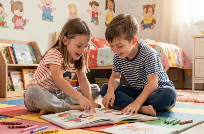 Deux enfants feuilletant ensemble un livre illustré de personnages de dessins animés en P dans une chambre colorée