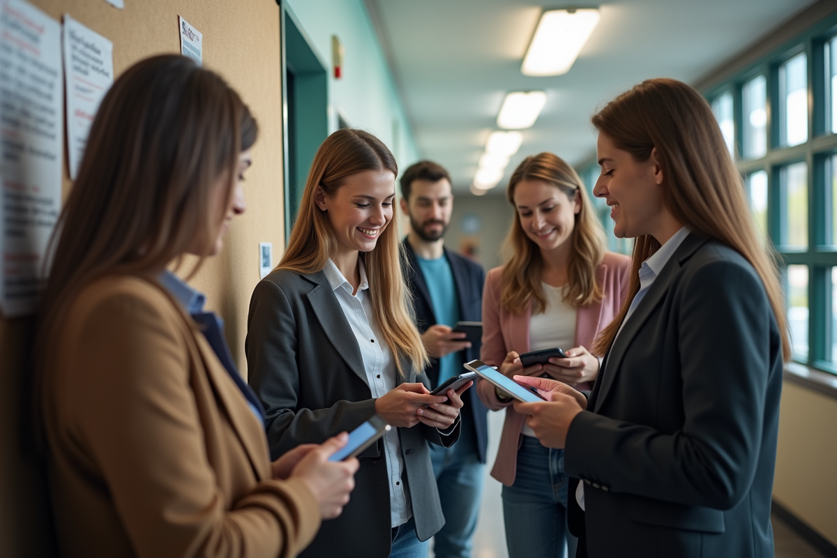 Enseignants discutant avec tablettes et smartphones dans le couloir