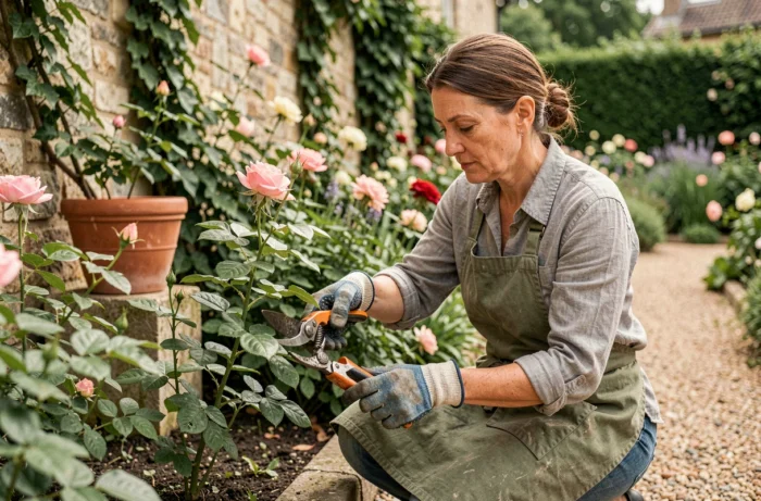 Femme qui taille des rosiers dans un jardin fleuri en été avec des outils de jardinage