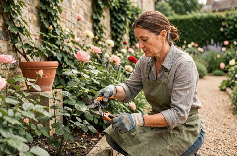 Femme qui taille des rosiers dans un jardin fleuri en été avec des outils de jardinage