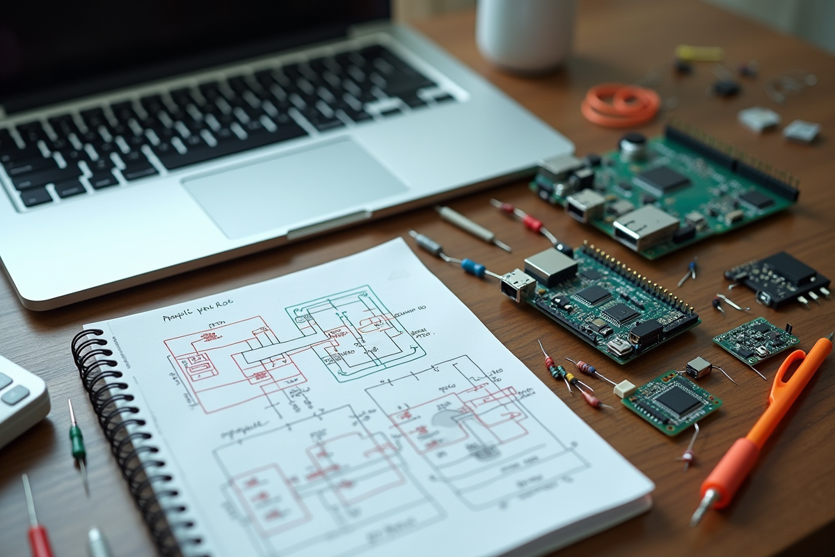 Plan de travail avec microcontrôleurs et circuit imprimé en vue de dessus