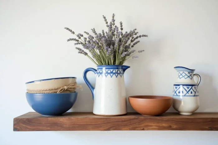 Étagère de cuisine bretonne avec faïence traditionnelle, bols en grès et fleurs séchées sur mur à la chaux