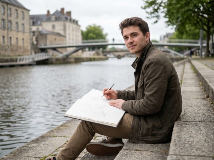 Étudiant en arts dessinant en plein air sur les bords de l'Erdre à Nantes avec un carnet de croquis