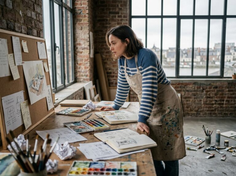 Étudiante en arts créatifs dans un atelier de loft industriel à Nantes, travaillant sur une illustration entourée de matériaux artistiques