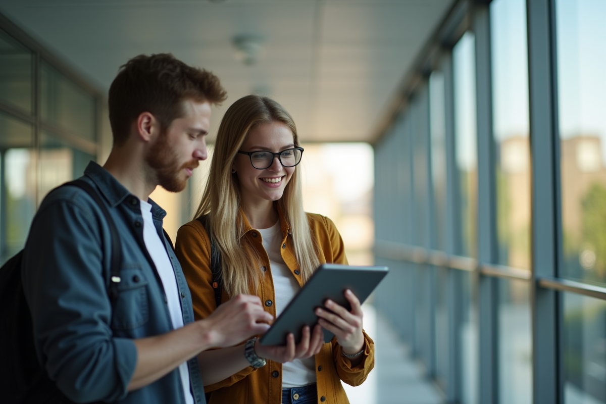 Deux étudiants collaborant avec une tablette dans un couloir lumineux