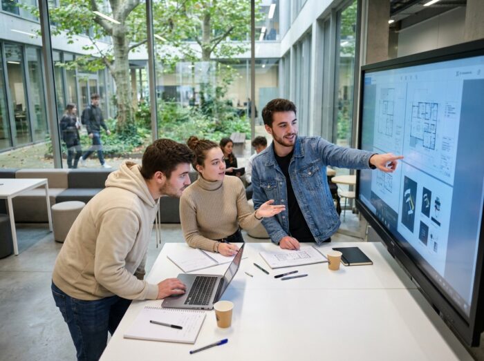 Groupe d'étudiants en design collaborant autour d'un écran interactif dans une école créative moderne à Nantes