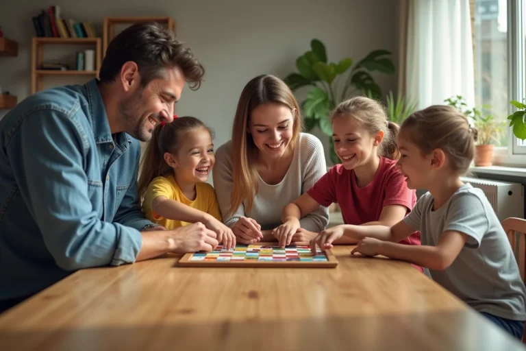 Famille jouant à un jeu de société dans un salon lumineux